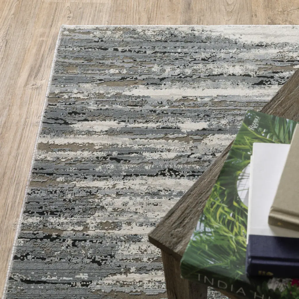 2' X 8' Blue Grey Beige And Brown Abstract Power Loom Stain Resistant Runner Rug - Image 6