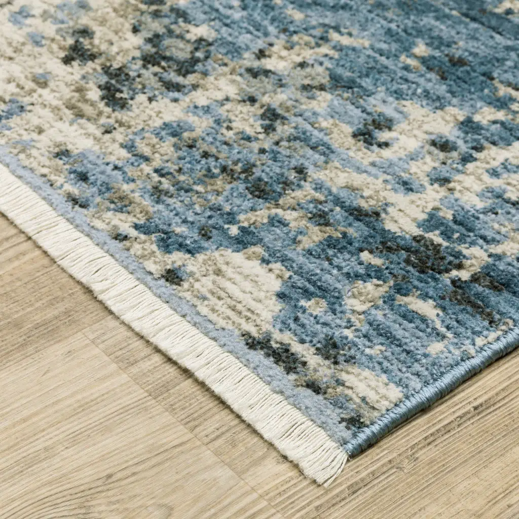 2' X 8' Blue Grey Ivory Light Blue And Dark Blue Abstract Power Loom Stain Resistant Runner Rug With Fringe - Image 2