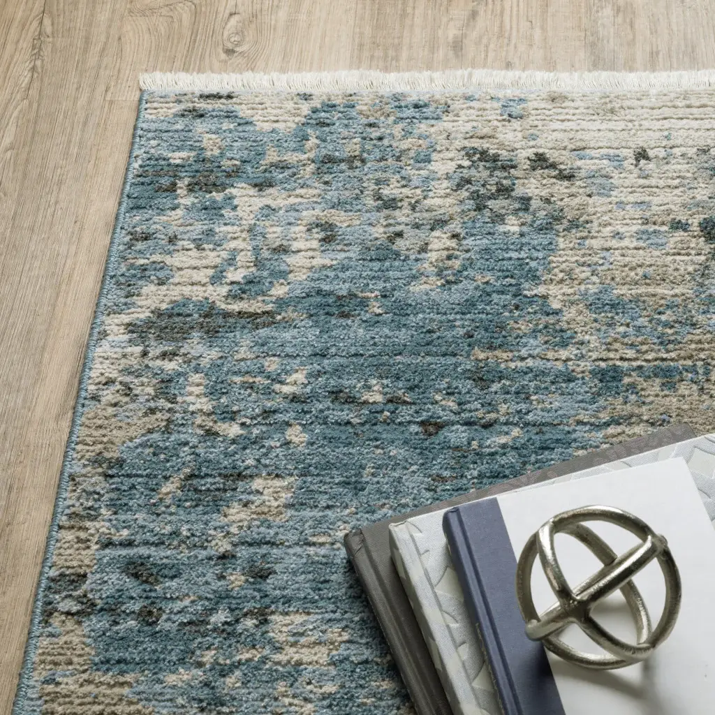 2' X 8' Blue Grey Ivory Light Blue And Dark Blue Abstract Power Loom Stain Resistant Runner Rug With Fringe - Image 3