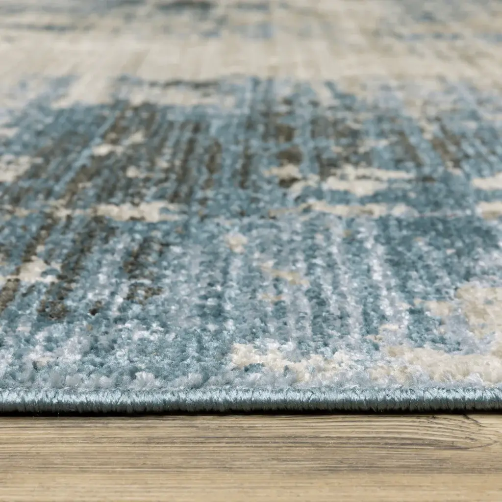 2' X 8' Blue Grey Ivory Light Blue And Dark Blue Abstract Power Loom Stain Resistant Runner Rug With Fringe - Image 4