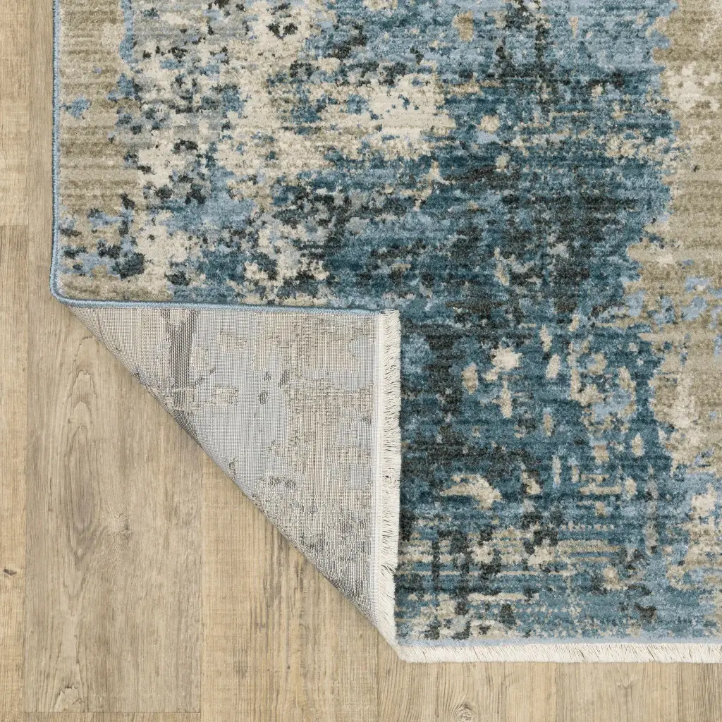 2' X 8' Blue Grey Ivory Light Blue And Dark Blue Abstract Power Loom Stain Resistant Runner Rug With Fringe - Image 5
