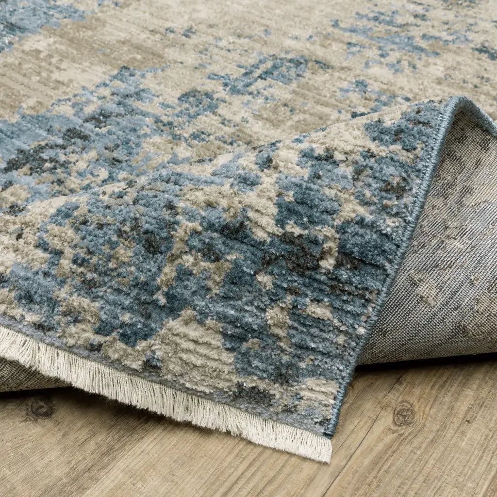 2' X 8' Blue Grey Ivory Light Blue And Dark Blue Abstract Power Loom Stain Resistant Runner Rug With Fringe - Image 7
