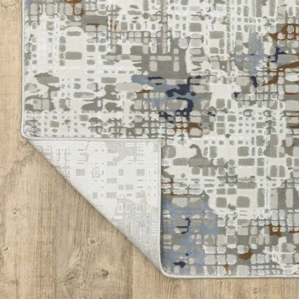 2' X 8' Blue Ivory Grey Brown Beige And Light Blue Abstract Power Loom Stain Resistant Runner Rug - Image 3