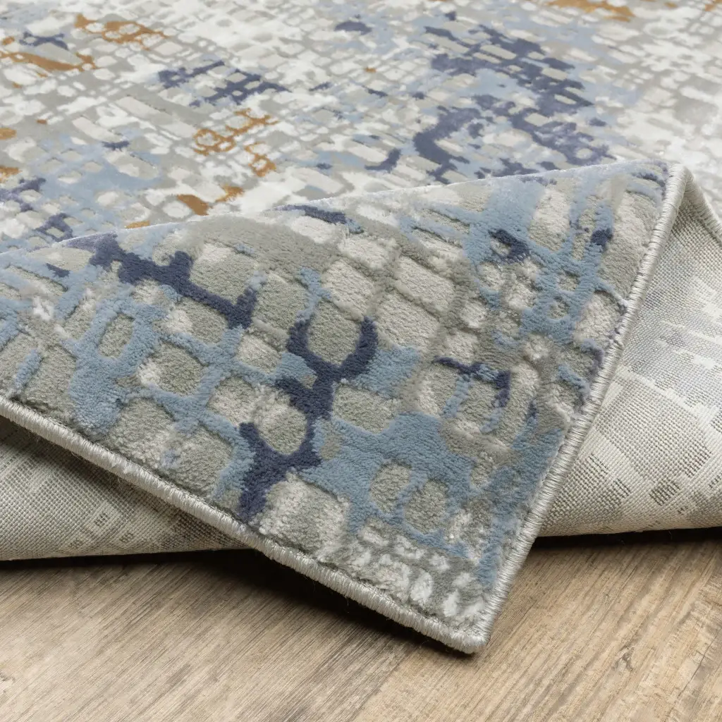 2' X 8' Blue Ivory Grey Brown Beige And Light Blue Abstract Power Loom Stain Resistant Runner Rug - Image 4