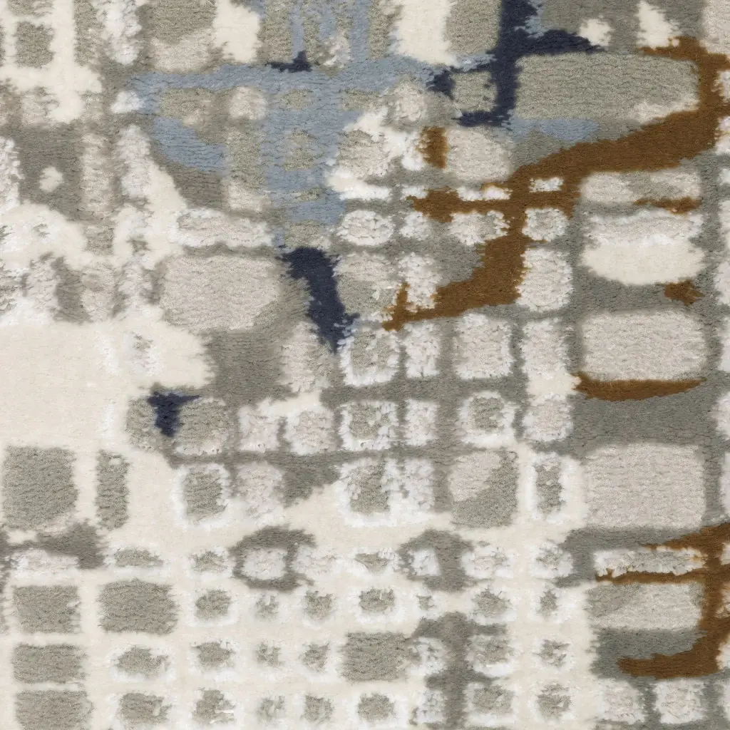 2' X 8' Blue Ivory Grey Brown Beige And Light Blue Abstract Power Loom Stain Resistant Runner Rug - Image 6