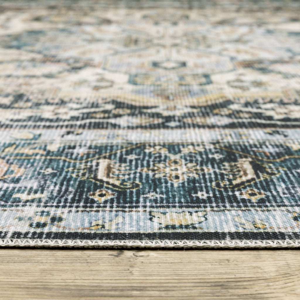2' X 8' Blue Ivory Teal Brown And Gold Oriental Printed Stain Resistant Non Skid Runner Rug - Image 2