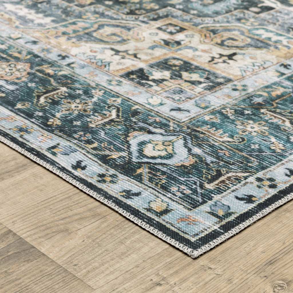 2' X 8' Blue Ivory Teal Brown And Gold Oriental Printed Stain Resistant Non Skid Runner Rug - Image 3