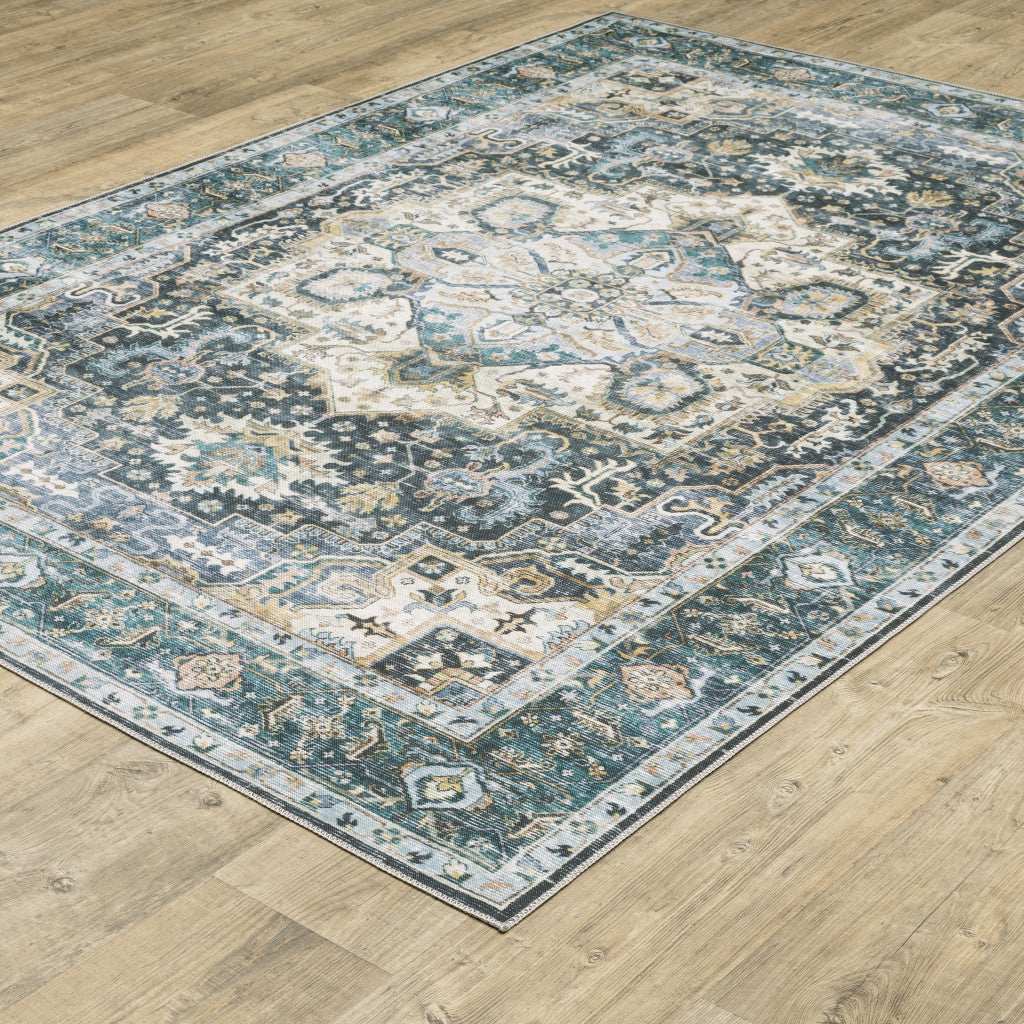 2' X 8' Blue Ivory Teal Brown And Gold Oriental Printed Stain Resistant Non Skid Runner Rug - Image 4