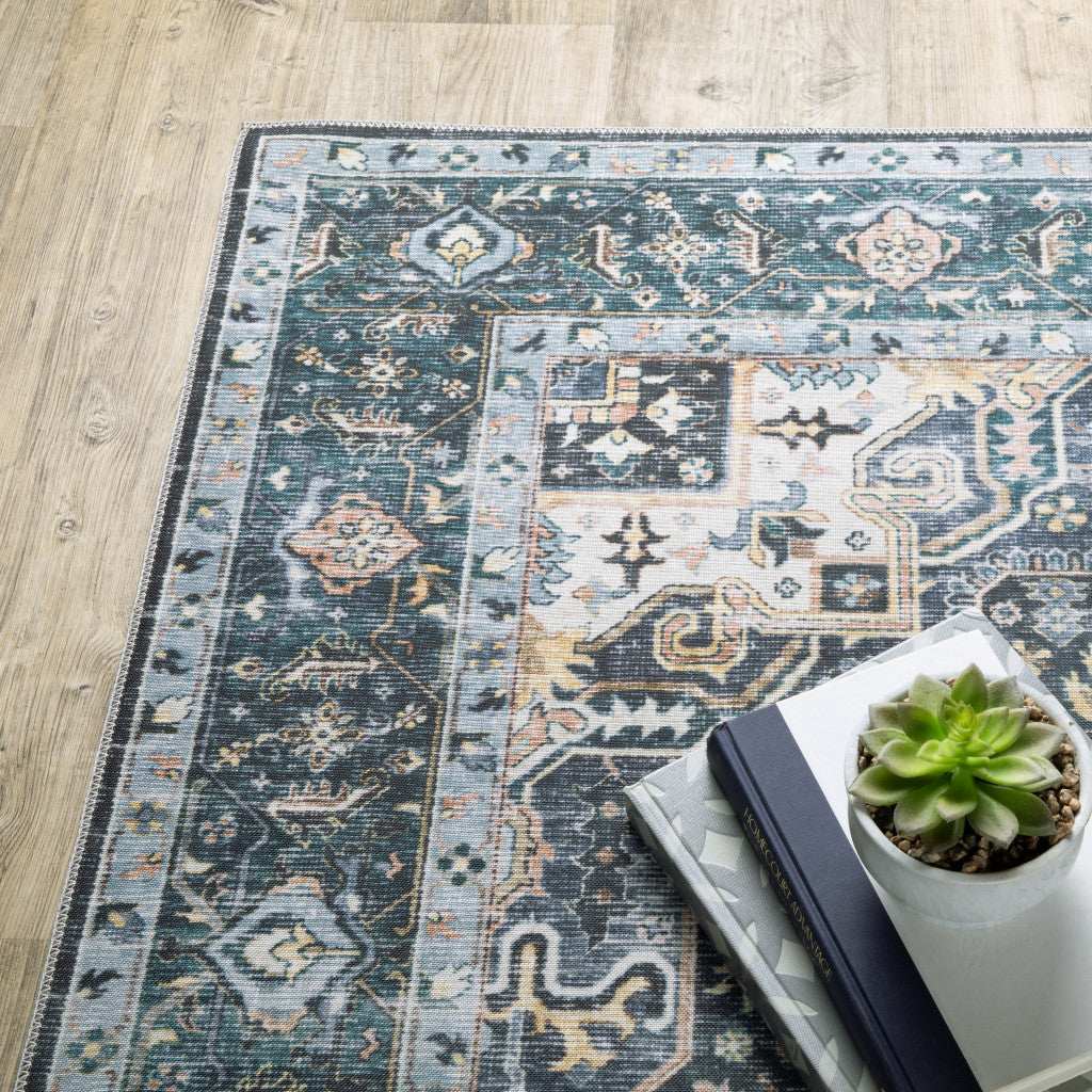 2' X 8' Blue Ivory Teal Brown And Gold Oriental Printed Stain Resistant Non Skid Runner Rug - Image 5