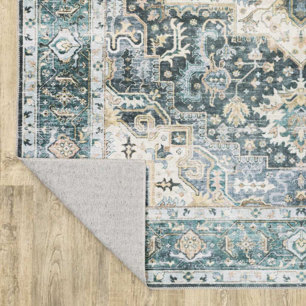 2' X 8' Blue Ivory Teal Brown And Gold Oriental Printed Stain Resistant Non Skid Runner Rug - Image 6