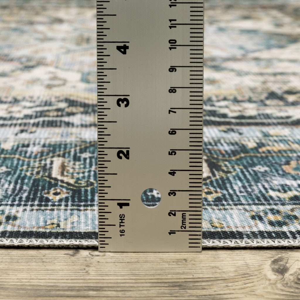 2' X 8' Blue Ivory Teal Brown And Gold Oriental Printed Stain Resistant Non Skid Runner Rug - Image 7