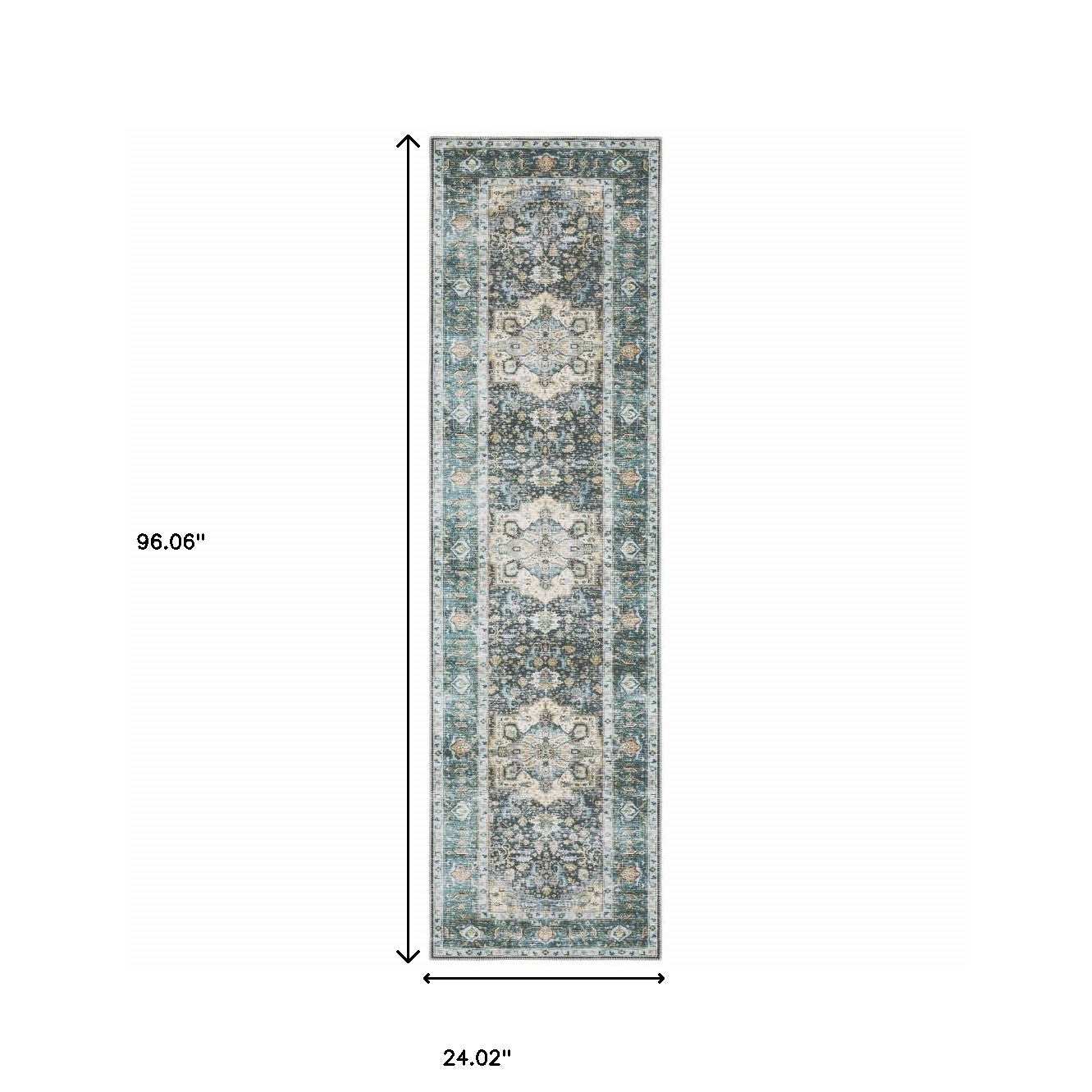 2' X 8' Blue Ivory Teal Brown And Gold Oriental Printed Stain Resistant Non Skid Runner Rug - Image 8