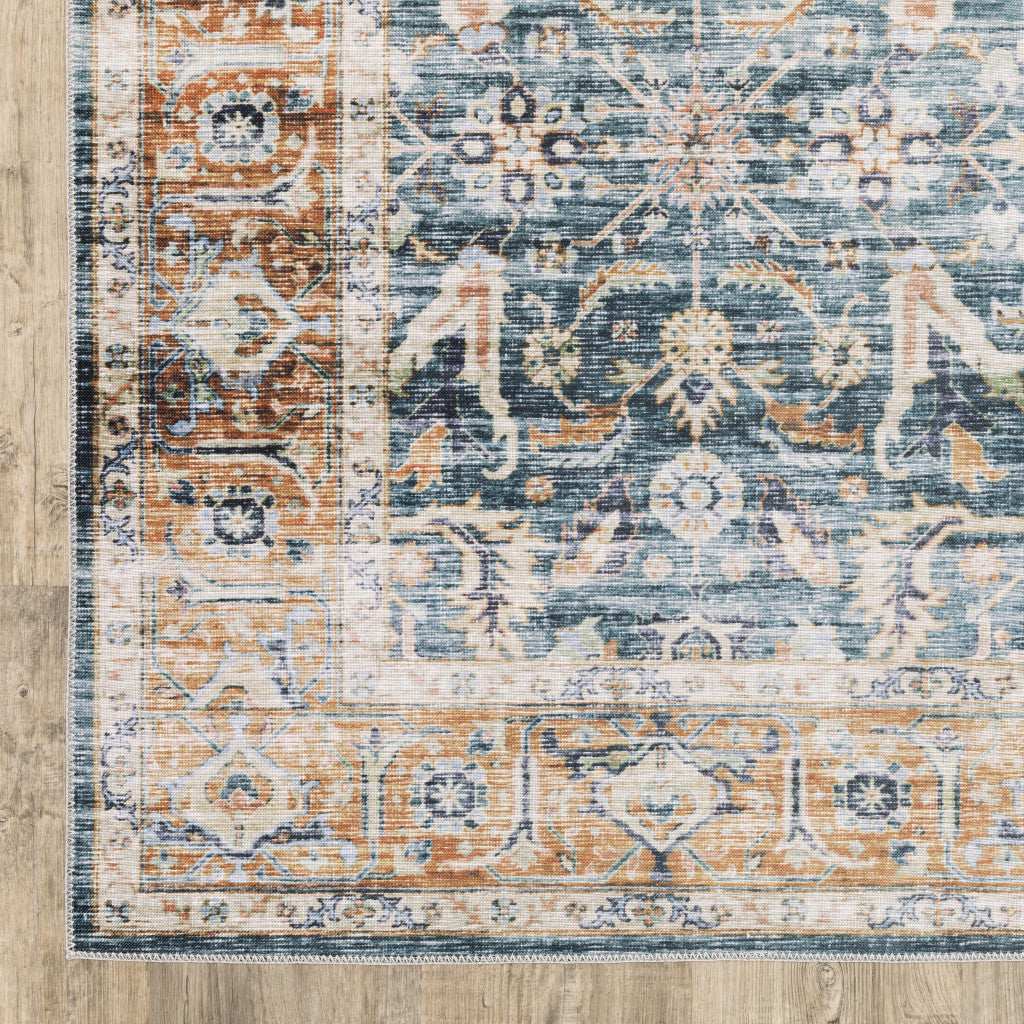 2' X 8' Blue Rust Gold And Olive Oriental Printed Stain Resistant Non Skid Runner Rug - Image 3