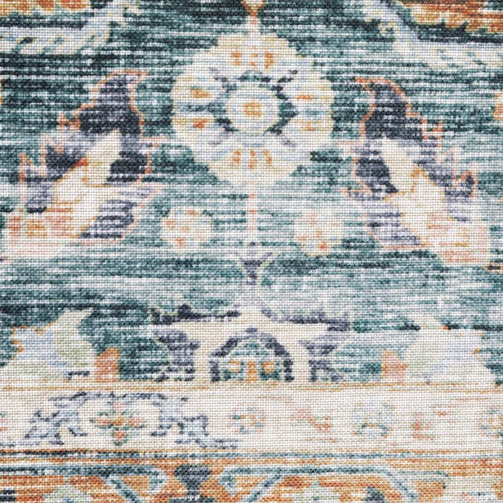 2' X 8' Blue Rust Gold And Olive Oriental Printed Stain Resistant Non Skid Runner Rug - Image 4