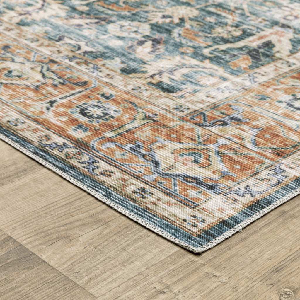 2' X 8' Blue Rust Gold And Olive Oriental Printed Stain Resistant Non Skid Runner Rug - Image 5