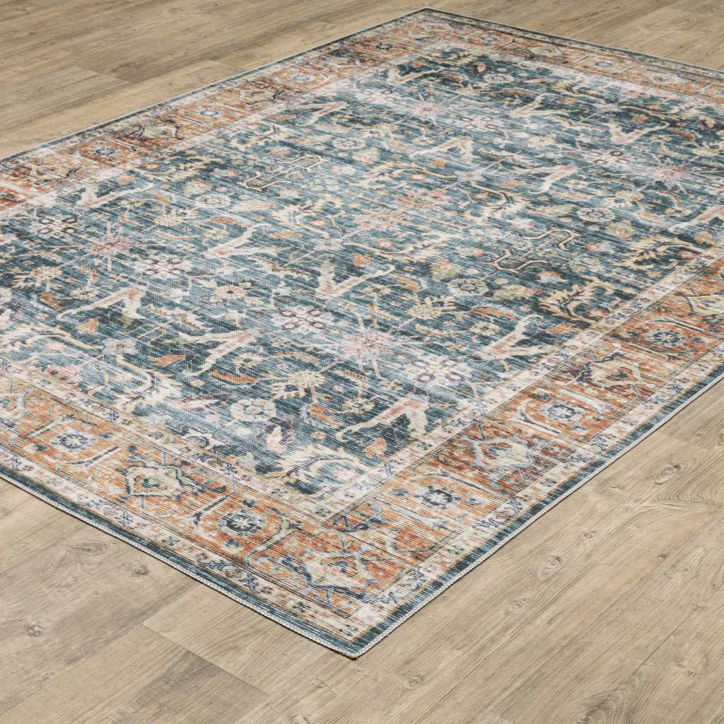 2' X 8' Blue Rust Gold And Olive Oriental Printed Stain Resistant Non Skid Runner Rug - Image 6
