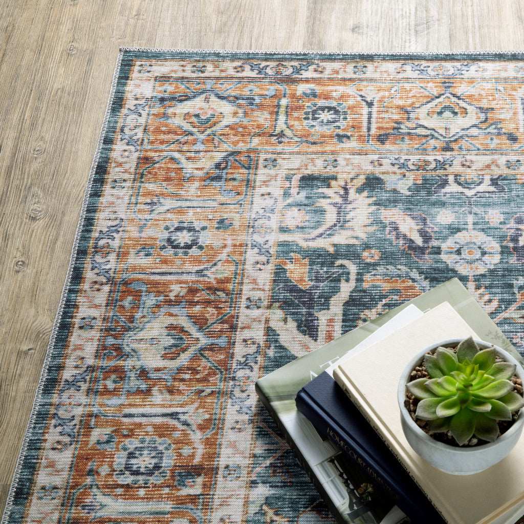 2' X 8' Blue Rust Gold And Olive Oriental Printed Stain Resistant Non Skid Runner Rug - Image 7