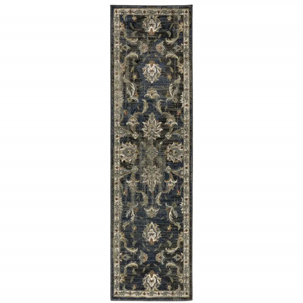 2' X 8' Charcoal Blue Gold Rust And Beige Oriental Power Loom Stain Resistant Runner Rug