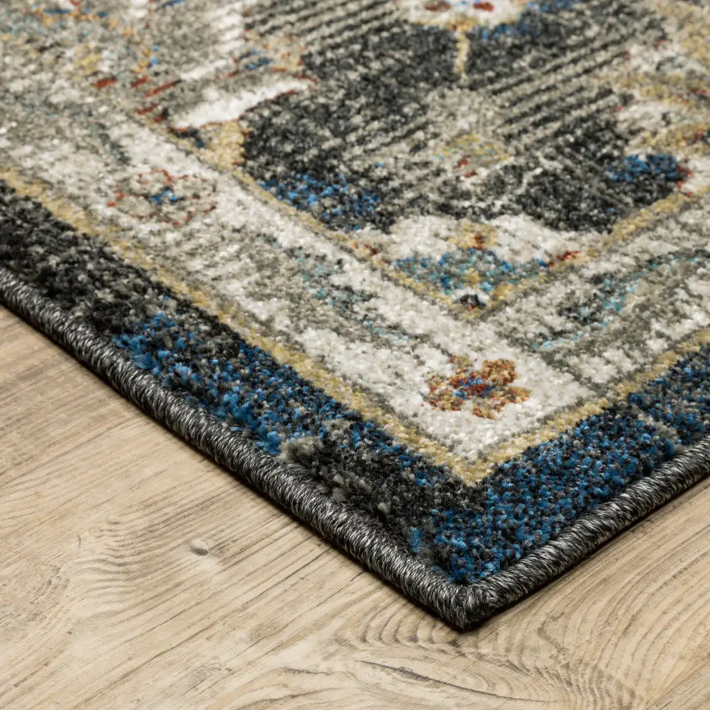 2' X 8' Charcoal Blue Gold Rust And Beige Oriental Power Loom Stain Resistant Runner Rug - Image 2