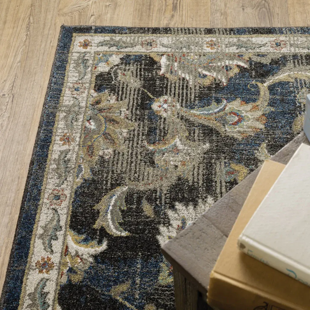 2' X 8' Charcoal Blue Gold Rust And Beige Oriental Power Loom Stain Resistant Runner Rug - Image 3