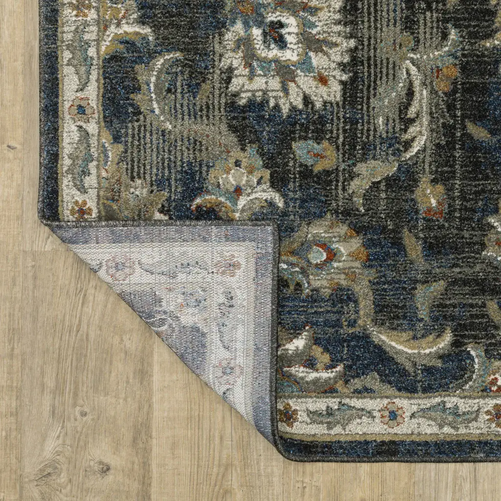2' X 8' Charcoal Blue Gold Rust And Beige Oriental Power Loom Stain Resistant Runner Rug - Image 4