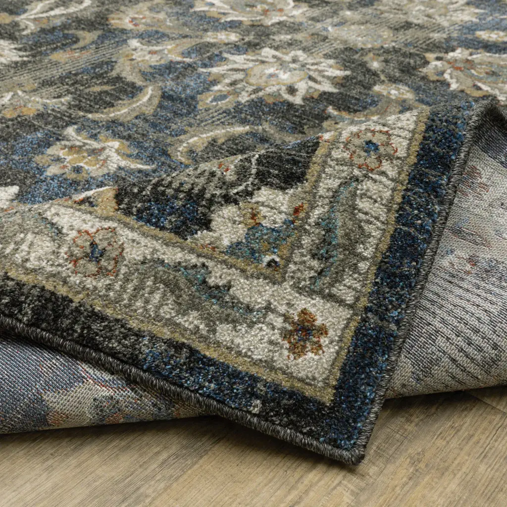 2' X 8' Charcoal Blue Gold Rust And Beige Oriental Power Loom Stain Resistant Runner Rug - Image 6