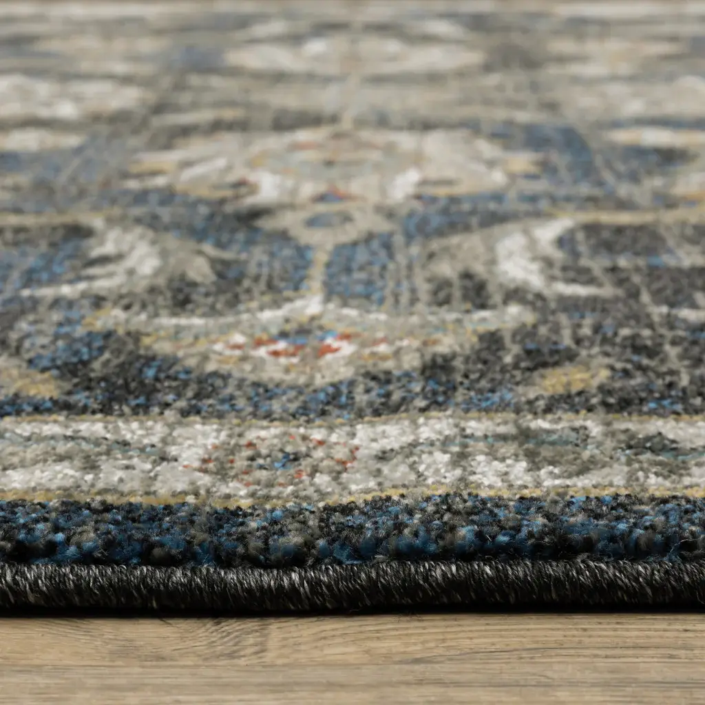 2' X 8' Charcoal Blue Gold Rust And Beige Oriental Power Loom Stain Resistant Runner Rug - Image 8