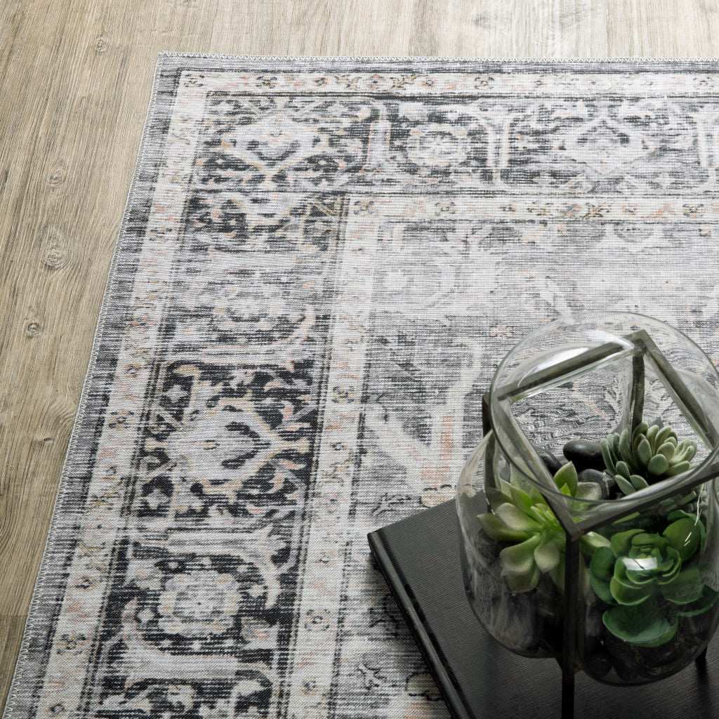2' X 8' Charcoal Grey Salmon And Ivory Oriental Printed Stain Resistant Non Skid Runner Rug - Image 5