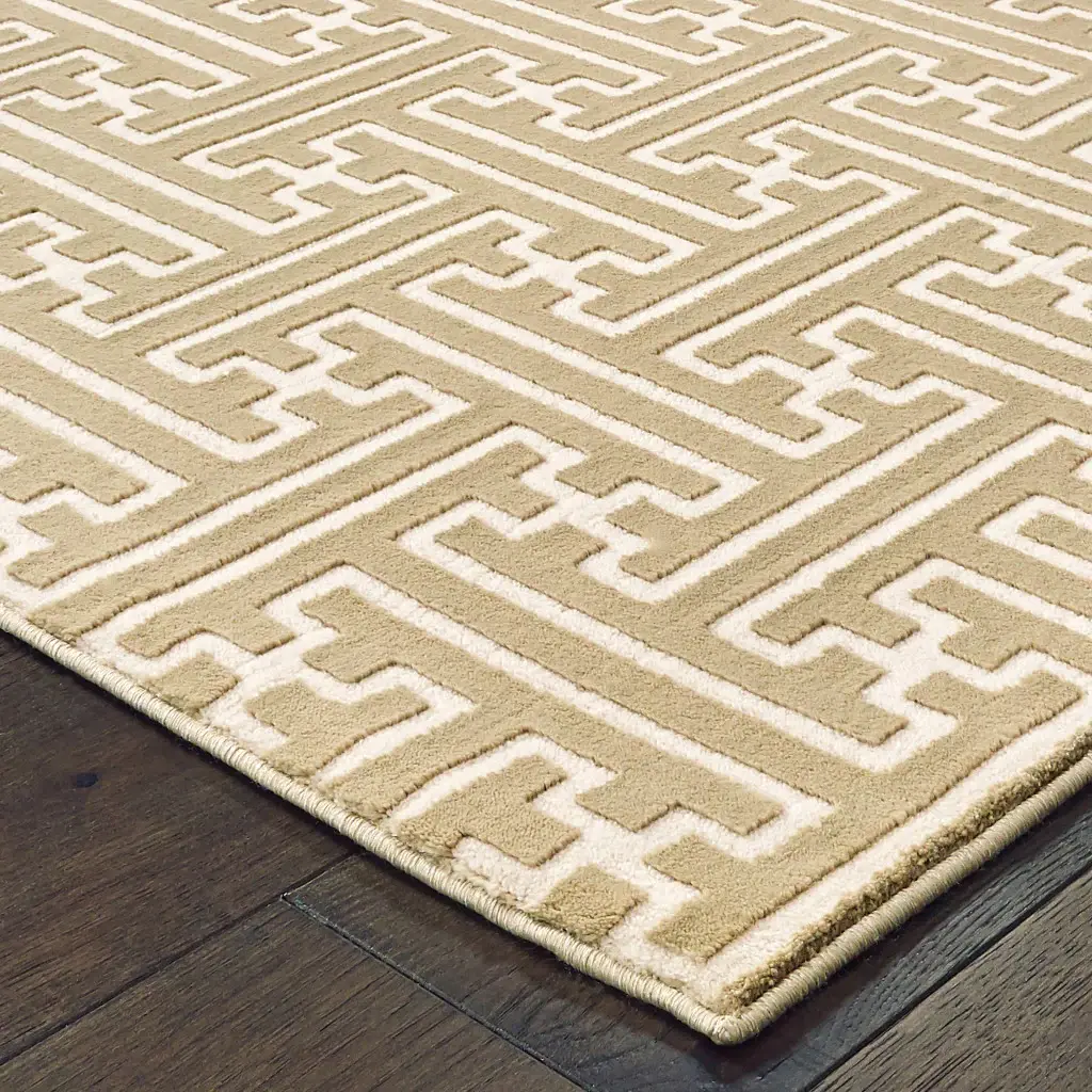 2' X 8' Gold And Ivory Geometric Power Loom Stain Resistant Runner Rug - Image 2