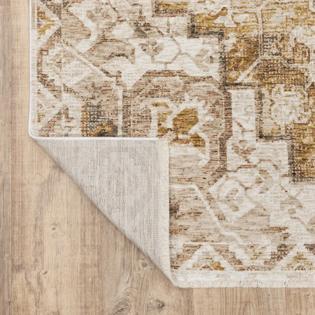 2' X 8' Gold And Ivory Oriental Power Loom Stain Resistant Runner Rug With Fringe - Image 8