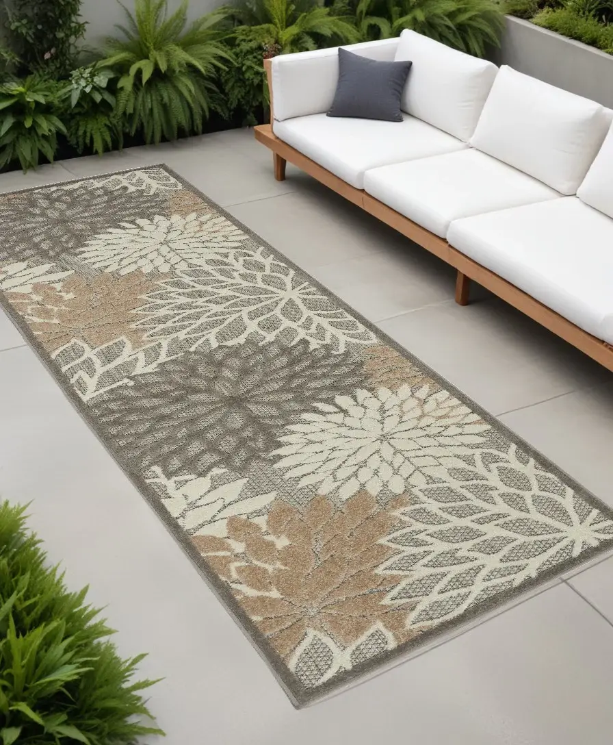 2' X 8' Gray And Ivory Floral Indoor Outdoor Area Rug