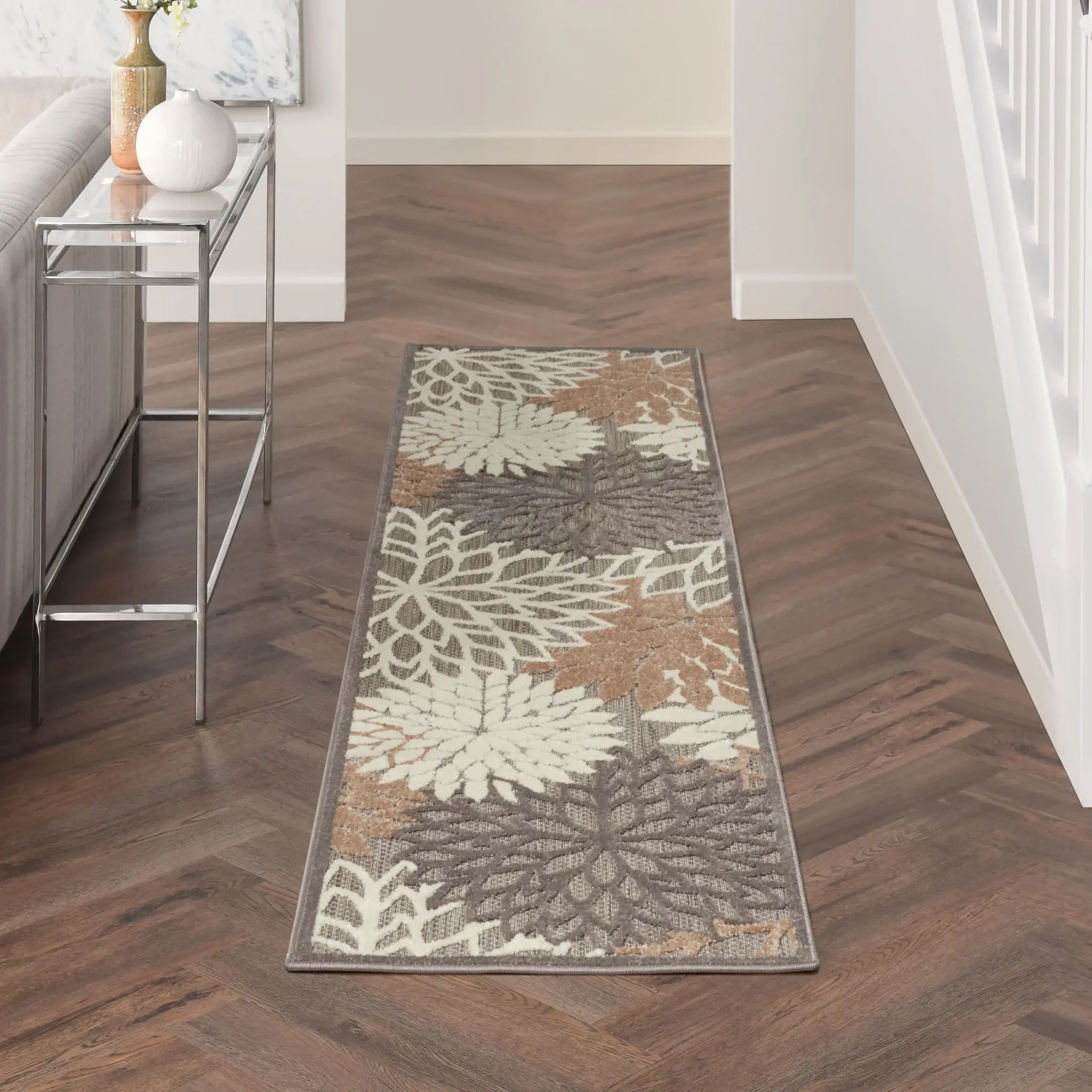 2' X 8' Gray And Ivory Floral Indoor Outdoor Area Rug - Image 3
