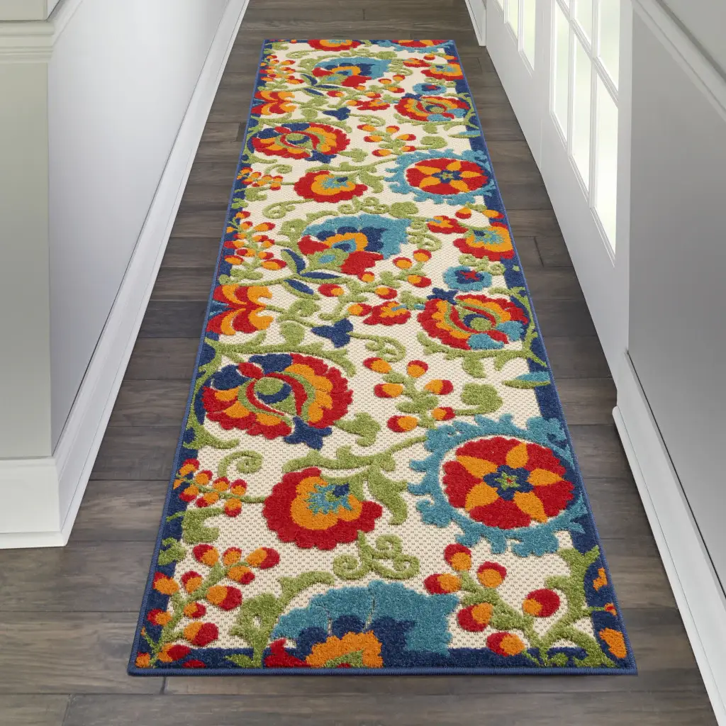 2' X 8' Green And Ivory Floral Indoor Outdoor Area Rug - Image 2
