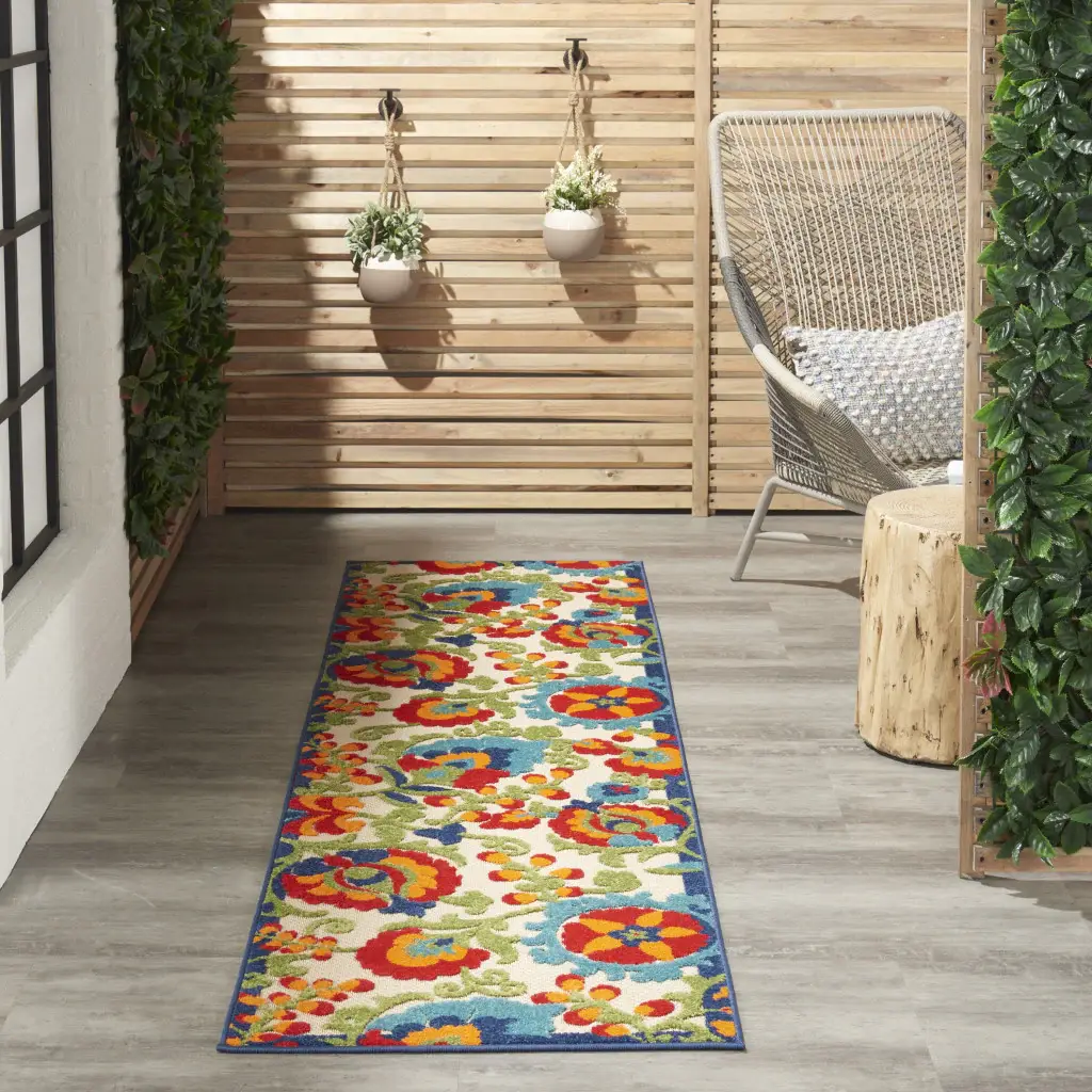 2' X 8' Green And Ivory Floral Indoor Outdoor Area Rug - Image 3