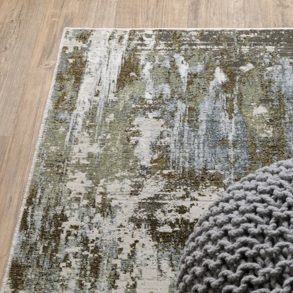 2' X 8' Green Blue Grey Ivory And Brown Abstract Power Loom Stain Resistant Runner Rug - Image 3