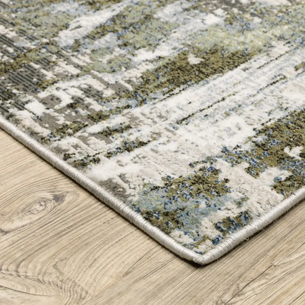 2' X 8' Green Blue Grey Ivory And Brown Abstract Power Loom Stain Resistant Runner Rug - Image 4