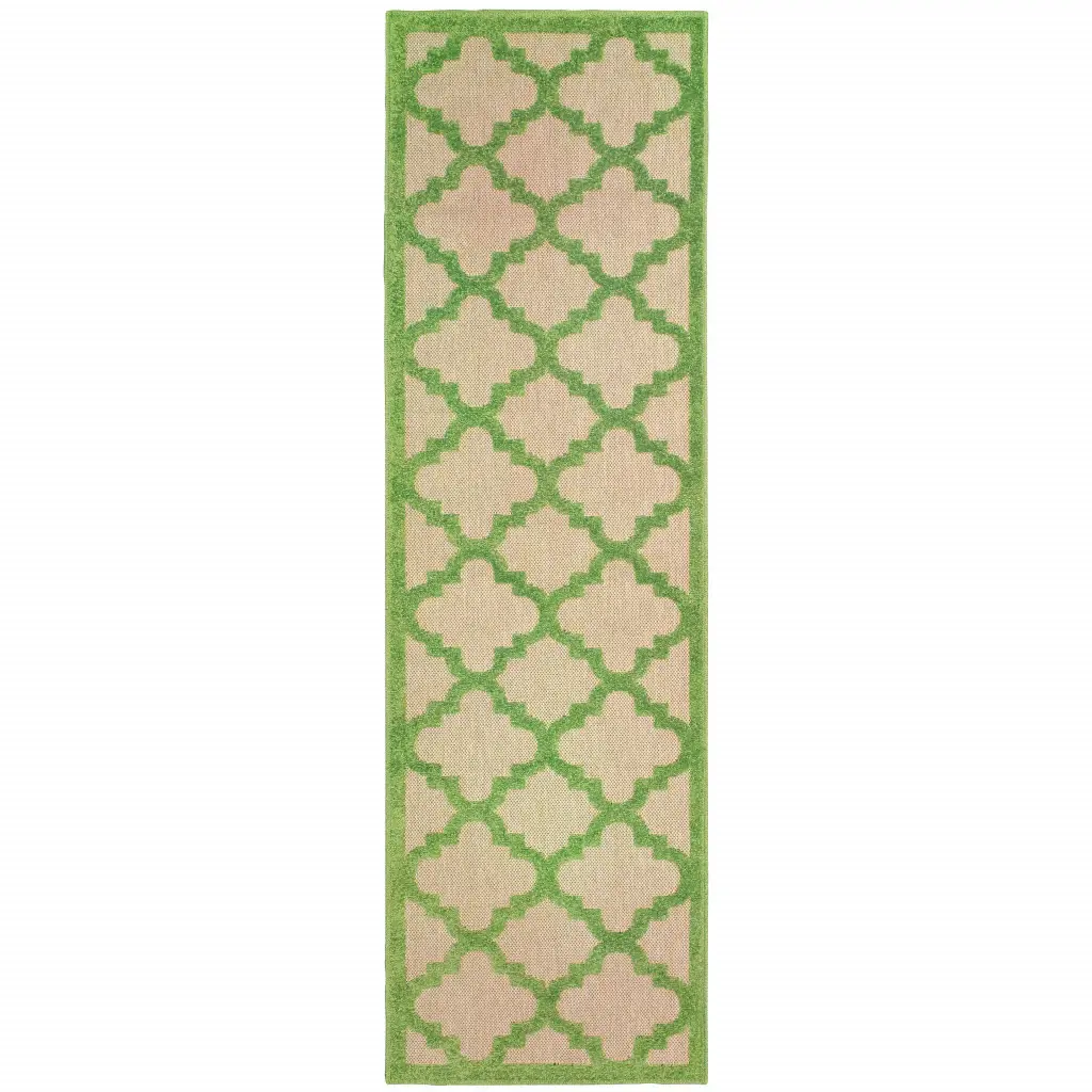 2' X 8' Green Geometric Stain Resistant Indoor Outdoor Area Rug