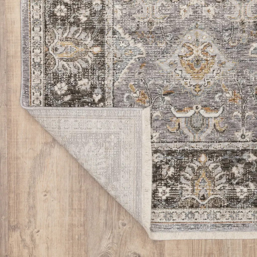 2' X 8' Grey And Blue Oriental Power Loom Stain Resistant Runner Rug With Fringe - Image 6