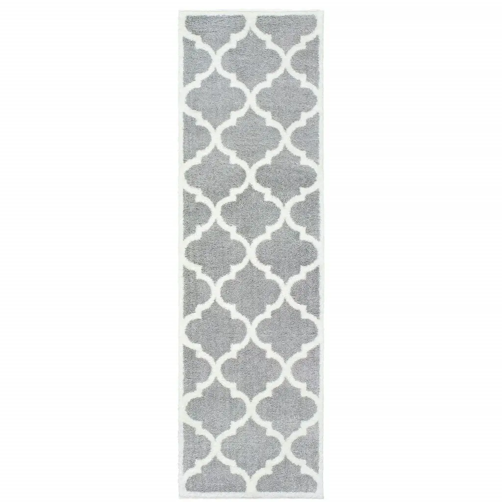 2' X 8' Grey And Ivory Geometric Shag Power Loom Stain Resistant Runner Rug