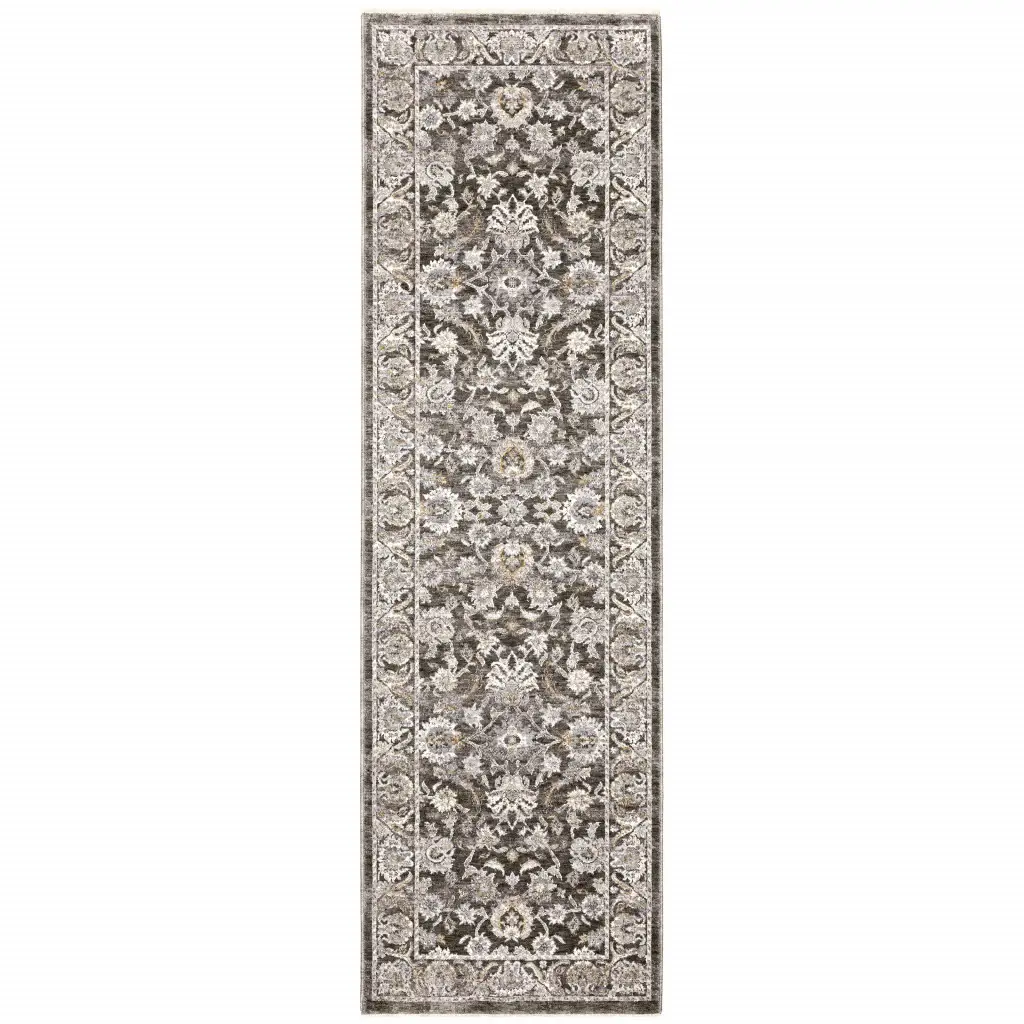 2' X 8' Grey And Ivory Oriental Power Loom Stain Resistant Runner Rug With Fringe