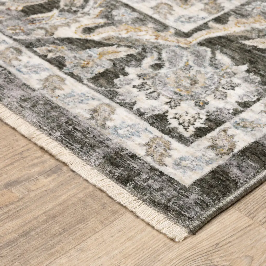 2' X 8' Grey And Ivory Oriental Power Loom Stain Resistant Runner Rug With Fringe - Image 4