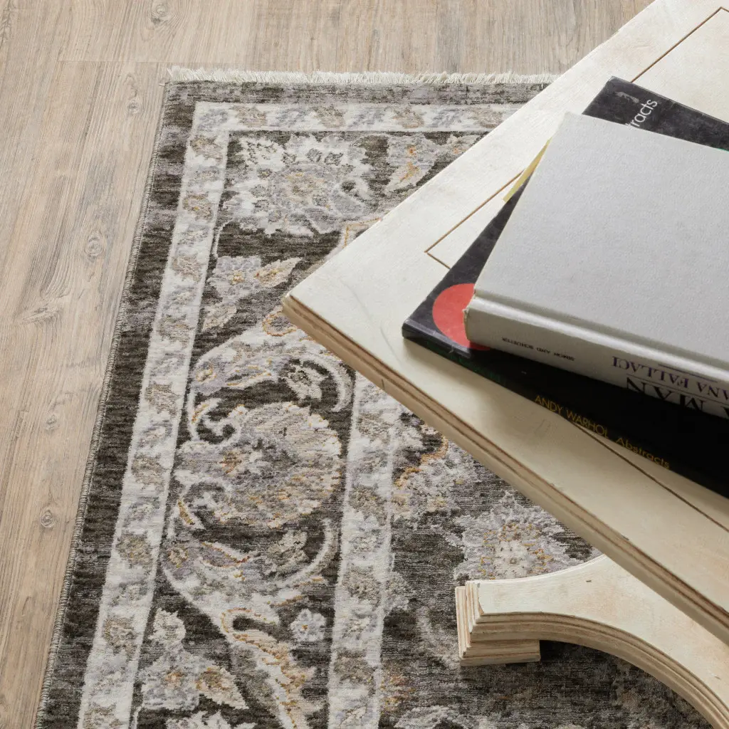2' X 8' Grey And Ivory Oriental Power Loom Stain Resistant Runner Rug With Fringe - Image 5