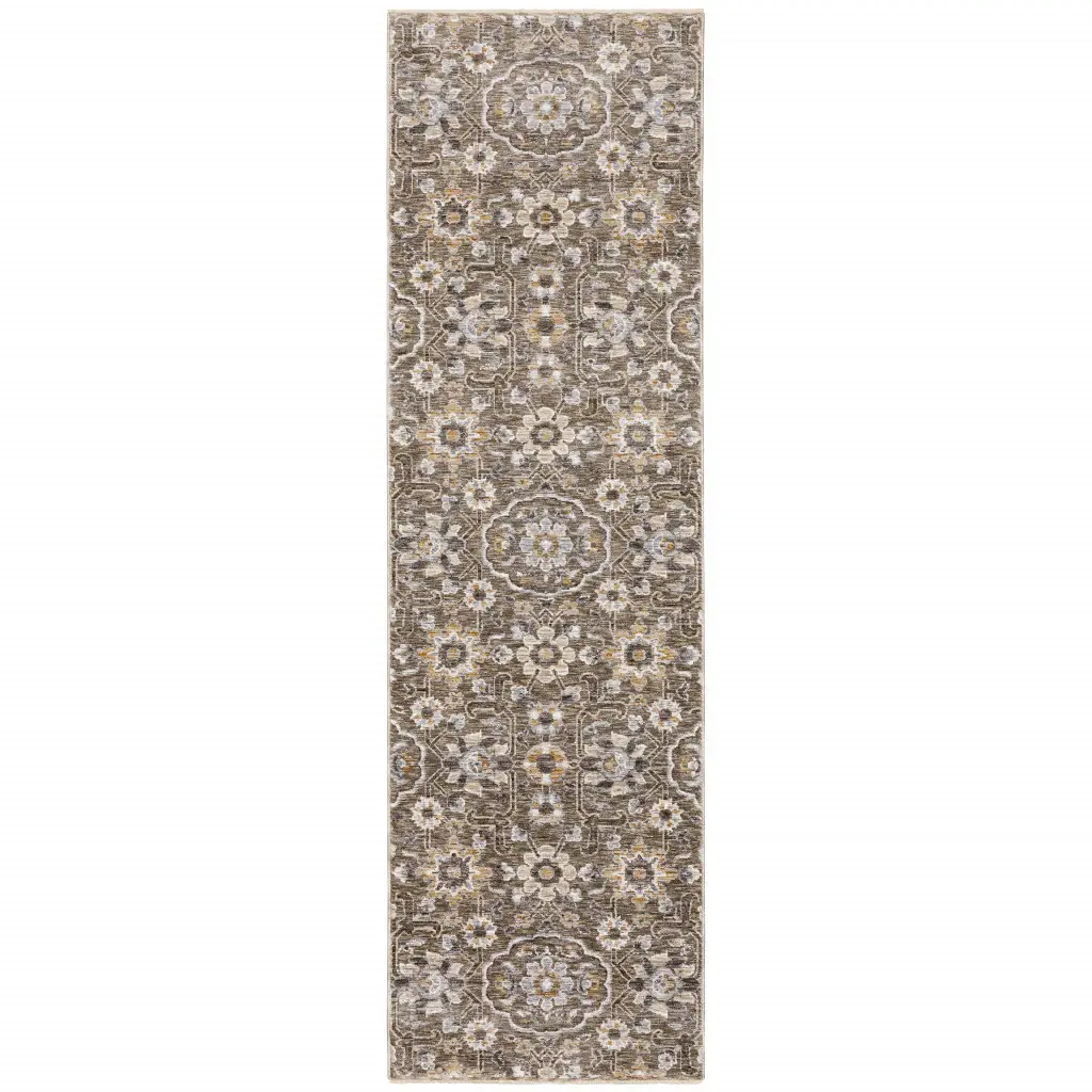 2' X 8' Grey And Tan Floral Power Loom Stain Resistant Runner Rug With Fringe