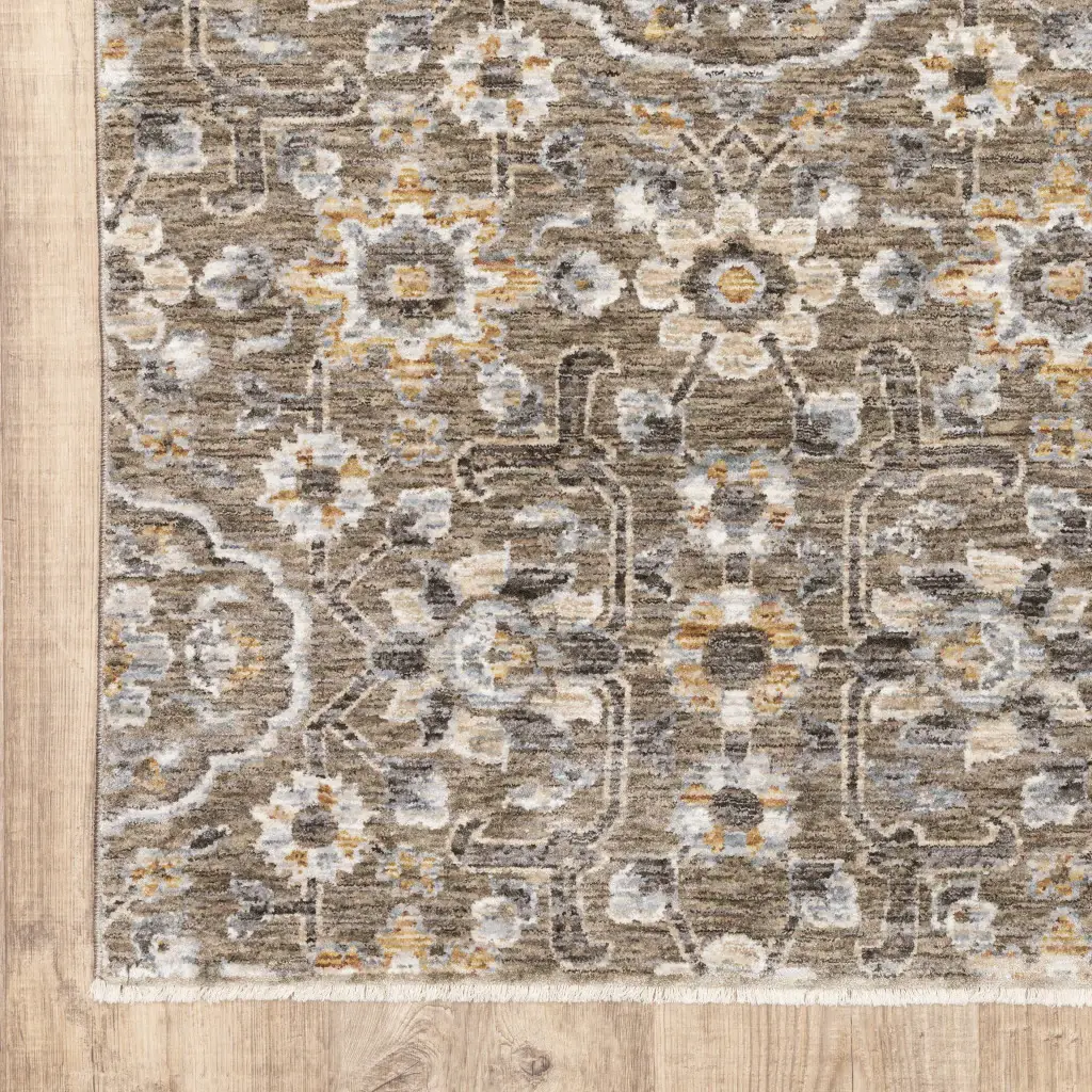 2' X 8' Grey And Tan Floral Power Loom Stain Resistant Runner Rug With Fringe - Image 2
