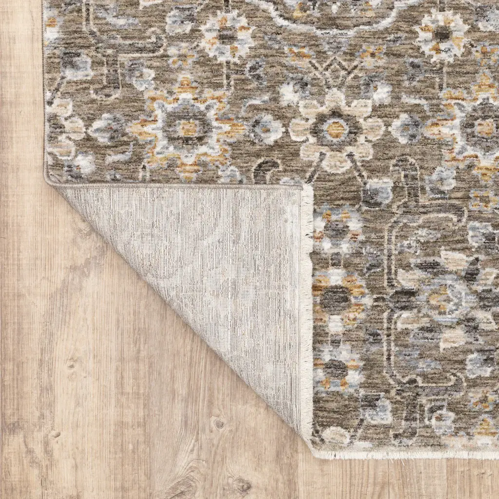 2' X 8' Grey And Tan Floral Power Loom Stain Resistant Runner Rug With Fringe - Image 7