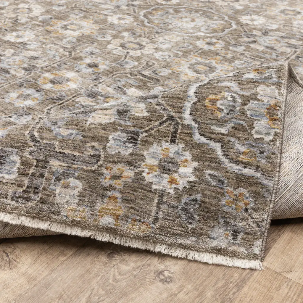 2' X 8' Grey And Tan Floral Power Loom Stain Resistant Runner Rug With Fringe - Image 8