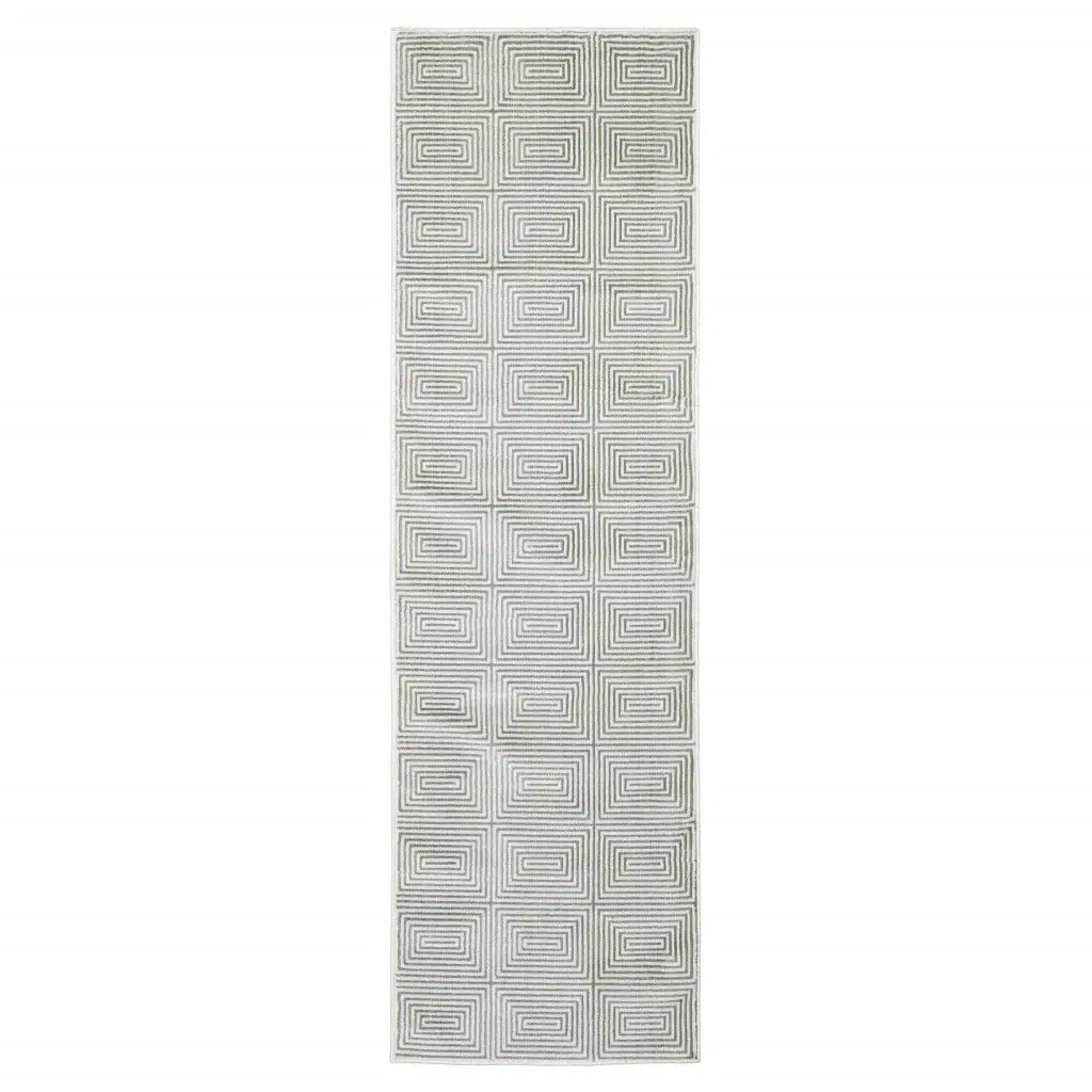 2' X 8' Grey And White Geometric Power Loom Stain Resistant Runner Rug