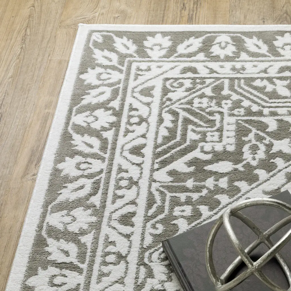 2' X 8' Grey And White Oriental Power Loom Stain Resistant Runner Rug - Image 5