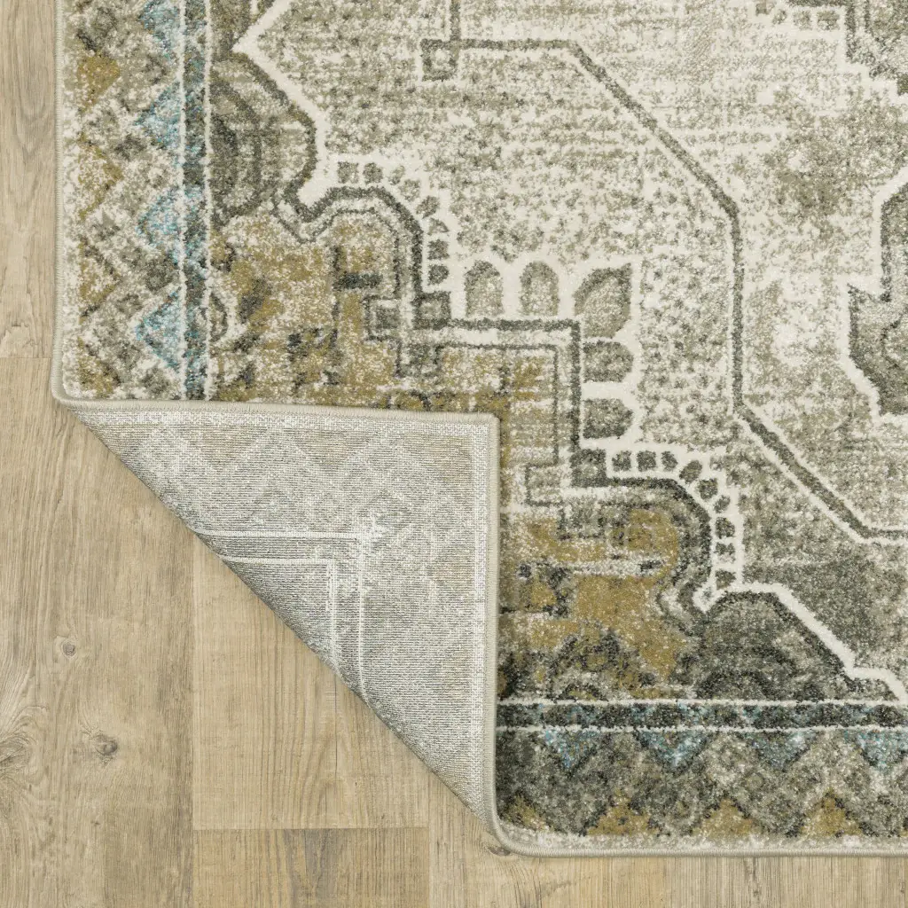 2' X 8' Grey Blue Beige And Gold Oriental Power Loom Stain Resistant Runner Rug - Image 5