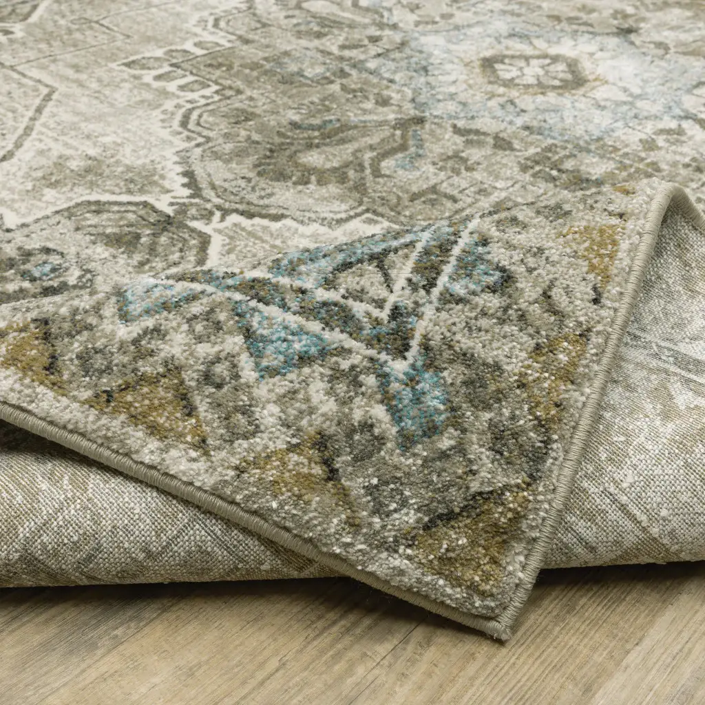 2' X 8' Grey Blue Beige And Gold Oriental Power Loom Stain Resistant Runner Rug - Image 6